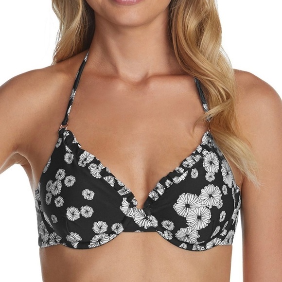 RAISINS Large ( Junior) Black White Floral Splash Las Flores Swim Bikini Top - Picture 4 of 12